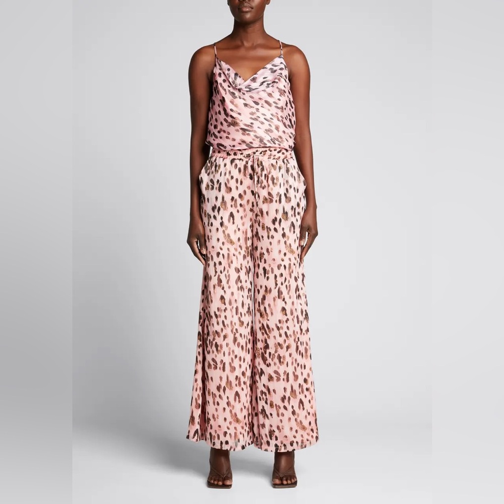Milly Pink Leopard Metallic Stripe Burnout Track Wide Leg Pants Size 2 NWT